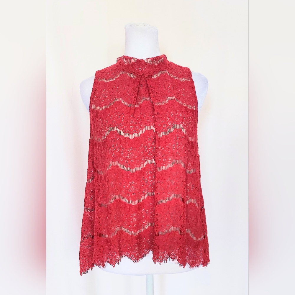 Love, Fire High Neck Sleeveless Floral Lace Blouse Top Red Size Large